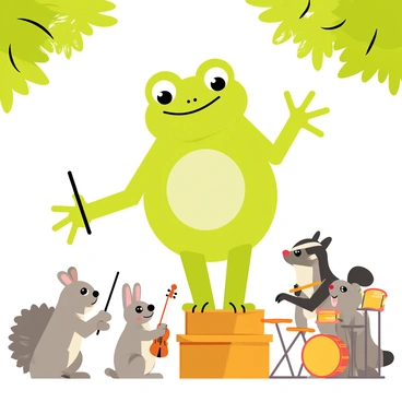 A large green bullfrog with big bulging eyes stands on a wooden podium, holding a conductor's baton in one webbed hand. Around the bullfrog, various woodland creatures are gathered, each playing their instruments. A small gray squirrel holds a violin, while a rabbit with long ears plays a flute. A hedgehog sits at a tiny piano, and a raccoon plays a set of drums. The scene is set in a lush green forest, with trees in the background and dappled sunlight filtering through the leaves. The woodland creatures appear focused and engaged in their performance, while the bullfrog looks animated and enthusiastic as he conducts.