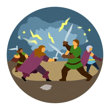 A battlefield featuring multiple characters engaged in combat, with swords raised and expressions of determination. The sky is filled with dark, swirling clouds and flashes of lightning illuminating the scene. Some characters wear armor, while others are clad in rugged clothing, showcasing various fighting styles. The ground is uneven, with debris scattered throughout, adding to the chaos of the intense confrontation.