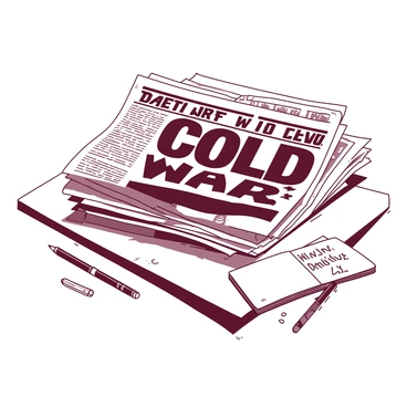 A white table is covered with a stack of newspapers, each featuring bold headlines related to the Cold War. The newspapers are slightly askew, adding a sense of disorder. The top newspaper displays a striking headline in large, bold letters, capturing a significant event from that era. Scattered around the newspapers are a few vintage pens and a small, open notebook with handwritten notes about historical events. The scene is well-lit, emphasizing the texture of the newspaper and the details in the headlines.