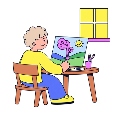 A child sitting at a small wooden table, focused on painting a colorful scene. The child has curly hair and is wearing a bright yellow shirt. The painting features a landscape with rolling hills in vibrant green and blue, a purple tree with swirling branches, and a sun with a smiling face in the sky. Various paintbrushes and a palette with a rainbow of colors are scattered around the table. The background is a simple room with light-colored walls and a window letting in warm sunlight.
