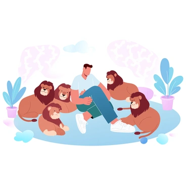 A person named Daniel is calmly sitting on a large, soft rug in a cozy den. Surrounding him are several majestic lions resting comfortably. The lions are in various poses, some lying down while others are sitting upright, all exuding a sense of tranquility. The den is softly lit, with warm tones that create a welcoming atmosphere. Nearby, there are plush cushions scattered around, and a few houseplants add a touch of greenery to the scene. A gentle pattern on the walls complements the peaceful ambiance of the space.