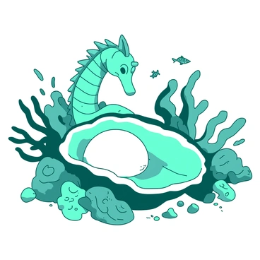 A teal seahorse with intricate details is gracefully exploring an open oyster shell. Inside the shell, a large, luminous white pearl glows softly, casting a gentle light. The seahorse approaches the pearl with curiosity, its delicate fins fluttering as it hovers near the shell. Surrounding the oyster are various corals and seaweed, creating a vibrant underwater environment. Tiny fish dart playfully in the background, adding life to the scene.