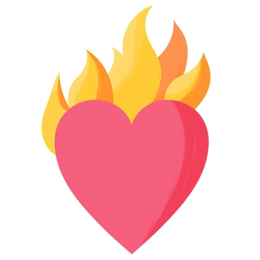 A heart with bright red flames rising from it, depicting intense passion and love. The heart is positioned in the center of the image with vibrant orange and yellow flames surrounding it. The flames have a dynamic shape, curling and flickering, illustrating movement. The background is a soft gradient of warm colors, enhancing the feeling of warmth and intensity from the heart. The heart itself has a glossy texture, giving it a three-dimensional appearance, as if it is glowing with an inner fire.