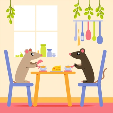 Two mice sitting at a small wooden table in a warm kitchen. One mouse is pouring tea from a tiny teapot into small cups, while the other mouse listens attentively. The kitchen has a cozy atmosphere with sunlight streaming through a window. Hanging from the ceiling are bundles of green herbs, such as basil and thyme, adding a touch of greenery. The walls are adorned with colorful kitchen utensils, and a plate of cheese is placed on the table beside the tea.