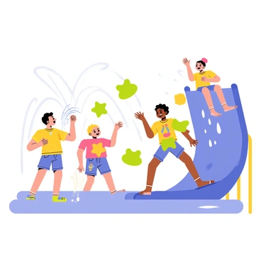 Children playing with sponge toys in a bright and lively water park on a sunny day.