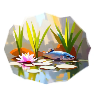A tranquil pond scene showcasing a "pike fish" partially concealed amid "lush green reeds" and "delicate water lilies." The water is calm, reflecting the surrounding flora. The "water lilies" have soft pink and white blossoms floating on the surface. Sunlight filters through the leaves above, creating dappled patterns of light on the water. The "pike fish" has a sleek, elongated body and distinctive markings, peeking out from its hiding spot among the reeds.