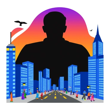 A large, dark shadow looms over a bustling cityscape, obscuring the buildings below. Skyscrapers with gleaming glass windows are partially hidden in the shadow, creating a dramatic contrast between light and dark. The streets are filled with tiny figures of people going about their day, unaware of the looming presence above. The sky is a gradient of orange and purple, suggesting either dawn or dusk, adding to the sense of urgency. A few birds fly in the distance, further emphasizing the scale of the shadow.