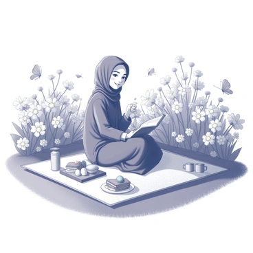 A girl wearing a hijab is sitting on a picnic blanket in a flower garden. She is smiling, enjoying her meal laid out on the blanket, which includes sandwiches, fruits, and a thermos. The garden is lush and filled with various blooming flowers, with petals that create a vibrant scene all around her. Butterflies are fluttering nearby, adding life to the serene environment. The girl is looking at a book resting next to her, with her hand resting on it. The sun shines down, casting gentle shadows from the flowers and the girl’s silhouette.