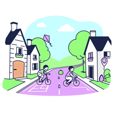 A quaint village road winds through a peaceful landscape. On either side of the road, there are old stone houses with charming details, such as wooden doors and flower boxes beneath the windows. A group of children is playing joyfully in the middle of the road. One child is flying a colorful kite, while another is riding a small bicycle. Nearby, two children are playing a game of hopscotch drawn on the pavement. The scene captures the essence of a lively village atmosphere, with trees lining the road and a clear blue sky above.