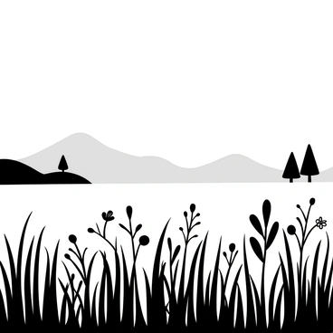 A misty field stretches across the landscape in the early morning. The ground is covered with fine blades of grass, each one adorned with droplets of dew that glisten like tiny jewels. The atmosphere is thick with fog, softening the edges of distant trees that stand in the background. Shapes of wildflowers peek through the grass, their outlines faintly visible through the mist. Silhouettes of small hills rise gently, completing the serene and tranquil scene.
