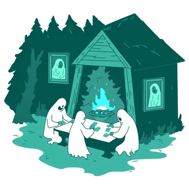 A teal cabin stands deep in a dark forest, surrounded by shadowy trees. The cabin appears weathered, with creaking wooden beams and a crooked roof. Inside, four transparent spirits are gathered around a white table, engaged in a ghostly card game. The spirits have wispy forms and faint glowing outlines, their expressions focused on the cards in their ethereal hands. Above them, an eerie hearth flickers with a blue flame, casting an otherworldly light across the room. The walls of the cabin are adorned with faded portraits, each depicting more spirits, watching the game unfold with silent curiosity.
