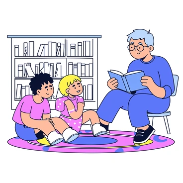 A group of three children, two boys and one girl, are sitting around a colorful rug with bright patterns. The boys are wearing casual t-shirts and shorts, while the girl is dressed in a cheerful dress. They are attentively looking at a storyteller, who is sitting on a small stool. The storyteller is an adult wearing glasses and holding a book open with animated expressions. The surrounding bookstore has shelves filled with various books in the background.