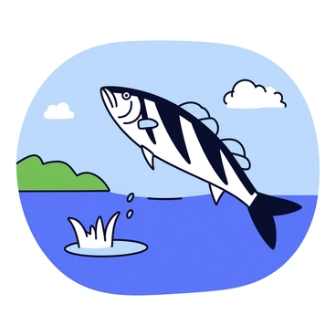 A striped bass with bold, dark stripes leaps out of the bright blue water. The fish has shiny, reflective scales that catch the sunlight. Water droplets are splashing around the fish as it arcs gracefully through the air. Above the leaping bass, the sky is a clear blue with a few fluffy white clouds. In the background, there is a hint of green shoreline, suggesting a natural habitat.