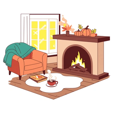 A warm cozy room features a crackling fireplace with bright flames dancing inside. On the mantel above the fireplace, there are various fall decorations, including small pumpkins and colorful autumn leaves arranged neatly. A plush orange armchair is positioned nearby, draped with a teal knitted blanket. Soft yellow light filters through the window, creating a welcoming atmosphere. The wooden floor is covered with a fluffy white rug that adds to the comfort of the space. A small table next to the armchair holds a steaming cup of tea and a few fall-themed books.