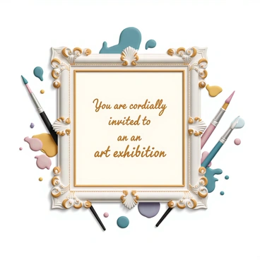An elegantly designed invitation to an art exhibition is centered within a classic ornate frame. The frame is intricately detailed with floral motifs in gold, creating a sense of opulence. Surrounding the frame are several paintbrushes of various sizes, with colorful paint splatters on their bristles, arranged artistically. The text on the invitation reads, "You are cordially invited to an art exhibition," in an elegant, flowing script, prominently displayed within the frame.