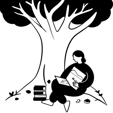 An illustrator is seated on the ground under a large tree with a thick trunk and sprawling branches. The tree's leaves create a dappled pattern of light on the illustrator and the ground. The illustrator is holding a pencil in one hand, intently sketching a landscape scene that includes rolling hills and a distant mountain range on a sheet of paper resting on their lap. A small stack of sketchbooks is nearby, and a few scattered leaves surround the illustrator.