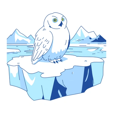 A white snowy owl is perched majestically on a large block of ice. The owl has bright yellow eyes that are wide open, taking in the vast Antarctic landscape around it. The block of ice has sharp edges and glistening surfaces, reflecting the cold light of the environment. In the background, there are vast stretches of snow-covered ground and distant icy mountains, creating a dramatic backdrop for the scene. The sky above is a soft shade, suggesting a cold and crisp atmosphere.