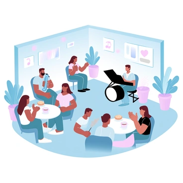 A bustling cafe filled with people seated at small tables. Patrons are engaged in conversations, some are holding cups of coffee, while others are enjoying pastries. In one corner of the cafe, a small stage hosts a jazz band with a saxophonist, a pianist, and a drummer. The atmosphere is lively, with warm light illuminating the space, and musical notes symbolically rising from the stage. The decor includes potted plants and art on the walls, creating an inviting ambiance.