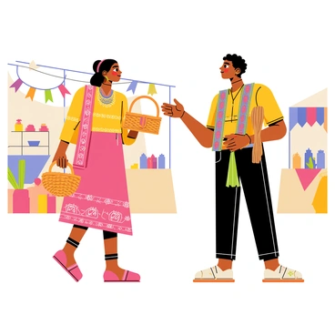 Two individuals standing facing each other, engaged in a cultural exchange. One person is a woman wearing a brightly colored dress with intricate floral patterns, holding a handmade woven basket. The other person is a man dressed in traditional attire, featuring geometric designs, presenting a hand-carved wooden sculpture. The background shows a vibrant market scene with various stalls showcasing traditional crafts. Colorful decorations and fabrics hang from the stalls, adding to the atmosphere of cultural diversity.
