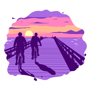 Silhouetted cyclists are riding along a long pier that stretches into the distance. The cyclists are in various positions, one leaning forward, another standing up on pedals. The pier has wooden planks with visible texture, and there are subtle details of railings along its sides. In the background, a vibrant sunset fills the sky, showcasing a duotone of orange and purple hues. The sun is partially hidden behind distant clouds, casting a warm glow across the scene, while the silhouette of the cyclists stands out against the colorful sky.
