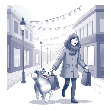 A dog walking alongside its owner on a decorated street. The dog is holding a shopping bag in its mouth, assisting in carrying the shopping. The owner is wearing a warm winter coat and appears cheerful, with one hand holding another shopping bag. The street is adorned with festive decorations, including string lights and holiday ornaments hanging from buildings and lampposts. Snowflakes are gently falling, contributing to the winter atmosphere.