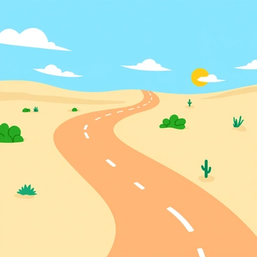 A long, winding road stretches through a vast desert landscape, displaying a light brown asphalt surface. Heat waves shimmer above the road, creating a distorted view of the surroundings. The sky is a brilliant blue with a few fluffy white clouds, while the sun shines brightly, casting sharp shadows on the ground. Sparse vegetation, like small cacti and dry bushes, dots the sandy terrain alongside the road.