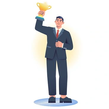 Cristiano Ronaldo, wearing a sharply tailored black suit, is standing proudly with a golden football trophy held high in his right hand. He has short, dark hair styled neatly and a confident smile on his face. The trophy is gleaming under soft lighting, showcasing its intricate details and shines. His left hand is resting on his hip, while he stands on a marble surface that reflects his stance, surrounded by a subtle gradient backdrop that harmonizes with the elegant atmosphere.