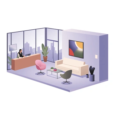 A digital flat illustration of a sleek corporate lobby. The lobby features large glass windows allowing natural light to flood the space. There are several potted indoor plants scattered throughout, providing a touch of greenery. The walls are painted in a soft gray hue, and there is a large abstract painting in vibrant colors hanging prominently on one wall. In the center of the lobby, there is minimalist furniture, including a long, white sofa with clean lines and a glass coffee table. Several modern accent chairs in muted tones are arranged around the table. A reception desk made of polished wood is positioned near the entrance, with a friendly receptionist standing behind it. The floor is made of polished stone tiles, reflecting the modern aesthetic of the lobby.