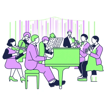 A pianist is seated at a grand piano, with a polished surface reflecting the stage lights. The pianist has an intense expression, deeply focused on the sheet music in front of them, which features intricate musical notes. Surrounding the pianist, a full orchestra is positioned, with musicians playing various instruments, including violins, flutes, and brass. The orchestra is arranged in a semi-circle, creating a harmonious visual flow. The grand stage is adorned with elegant curtains, and the audience can be faintly seen in the background, captivated by the performance. The atmosphere conveys a sense of grandeur and collaboration.