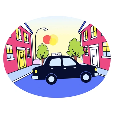 A British taxi in black color is cruising along a quiet cobbled street. The sun is rising in the background, casting warm orange and yellow hues across the sky. The street is lined with quaint brick buildings, their windows reflecting the early morning light. A few trees with green leaves are visible along the side of the road, and a single lamppost stands silently illuminating the scene. The overall atmosphere is calm and peaceful, capturing the charm of the early morning.