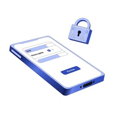 A smartphone is positioned horizontally, featuring a payment app on its screen. The app display shows various transaction options and a prominent "Pay Now" button in the center. Above the smartphone, a digital padlock symbol hovers, representing security. The padlock is detailed with intricate designs, including a keyhole and electronic circuit patterns. The overall composition is clean, highlighting the smartphone and the padlock as the main elements.