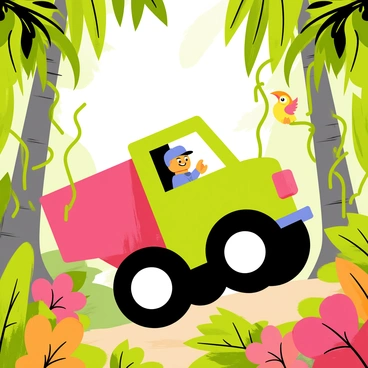 A colorful Lego truck with oversized wheels is driving through a dense jungle. The truck is green and red, with a small Lego figure at the wheel. Around the truck, there are tall trees with broad leaves, vibrant tropical flowers in shades of pink and orange, and thick vines hanging down. Brightly colored birds can be seen perched on branches, and there are patches of sunlight filtering through the foliage, creating a lively and adventurous atmosphere.