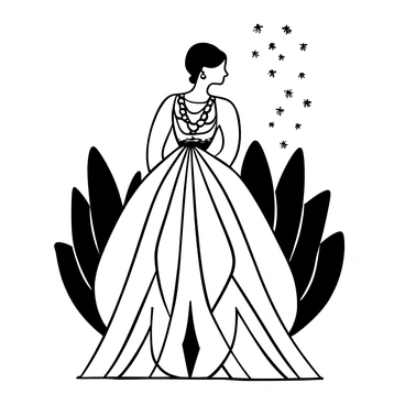 A bride wearing an art deco-inspired dress featuring geometric patterns is standing gracefully. The dress has intricate, angular designs that flow elegantly around her. She is adorned with bold jewelry pieces, including a large, statement necklace and a pair of dangling earrings. The scene includes a backdrop of stylized, symmetrical shapes that echo the art deco theme, enhancing the overall aesthetic of the composition.