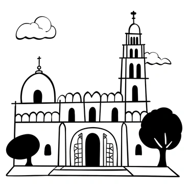 The Great Mosque of Cordoba stands majestically with its intricate architectural details visible in the light of dusk. The façade features multiple arches, with a series of towering columns supporting the structure. The minaret is prominently positioned, casting elongated shadows on the surrounding area. The sky transitions from daylight to the deepening twilight, creating a dramatic backdrop for the mosque. The ground is paved with stone tiles, leading up to the grand entrance, where decorative patterns adorn the door. Trees can be seen in the foreground, contributing to the serene atmosphere.