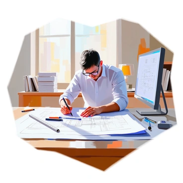 An engineer drafting designs on a large blueprint in an office