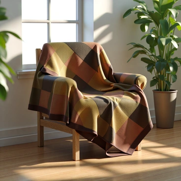A patchwork leather quilt draped over a rustic chair in a sunny room.