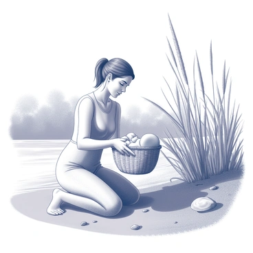 Moses' mother tenderly placing him into a basket by the riverbank