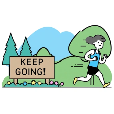 A runner in a blue tank top and black shorts is sprinting along a path in a green park. The runner has short hair and is wearing bright yellow running shoes. Beside the path, there is a large wooden sign with the words "Keep Going!" written in bold letters. The sign is surrounded by colorful flowers and tall trees, adding to the vibrant scenery. The sky is clear blue, and sunlight is casting soft shadows on the ground.