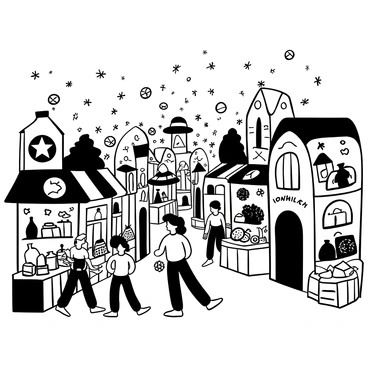 A bustling marketplace filled with various vendors showcasing enchanted items. Each stall is adorned with intricate designs and displays magical artifacts like potions, luminous crystals, and spell books. Shimmering lights float above the stalls, creating an enchanting atmosphere. A group of people wander through the market, examining the unique items and engaging with the vendors. In the background, lush greenery and whimsical architecture add to the magical setting.