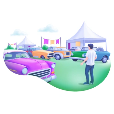 A modern pastel illustration depicting a car show with a variety of vintage cars on display. In the foreground, a person stands admiring the vehicles, wearing a casual outfit. The vintage cars, showcasing vibrant colors and classic designs, are arranged in neat rows. Each car has detailed features like chrome bumpers and distinctive grilles. The background features tents and banners that add to the festive atmosphere of the car show. Sunlight casts soft shadows, highlighting the curves and details of the cars.