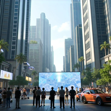 A bustling futuristic city filled with towering skyscrapers made of glass and metal, reflecting sunlight. The buildings have sleek, aerodynamic shapes with some featuring greenery on the terraces. Advanced technology is evident, with flying vehicles navigating between the skyscrapers and digital billboards displaying vibrant advertisements. The streets below are crowded with people of diverse backgrounds, some using hoverboards and others walking beside autonomous vehicles. In the foreground, a group of people is gathered around a holographic display showing city maps and information.