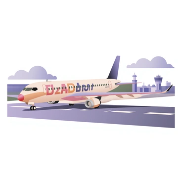 A digital flat illustration of an airline jet on a runway. The jet is prominently displayed with a distinctive corporate branding featuring bold colors and a unique logo on its fuselage. The runway is shown in gray with white markings and the jet is positioned at an angle, showcasing its sleek design. In the background, there are blue skies with a few fluffy white clouds. There are also airport facilities and a control tower visible to add context to the scene. The jet's engines are detailed, and the sunlight reflects off the shiny surface of the aircraft.