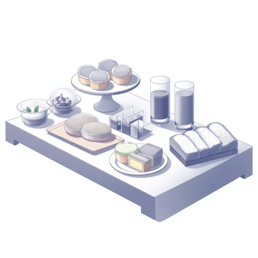 A dessert table set up with an assortment of guava-based desserts. There are neatly arranged guava tarts with a golden crust, showcasing their smooth filling. Small cups of guava mousse are placed beside the tarts, garnished with a sprig of mint. Various guava jellies are displayed in glass containers, glistening under the light. Additionally, there are slices of guava bread arranged on a wooden board, each piece showing the soft texture of the bread. The table is adorned with a simple white tablecloth, creating a clean backdrop for the vibrant desserts.