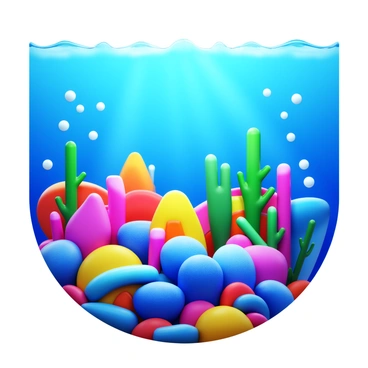 A vibrant underwater scene showcasing a mosaic of colorful microplastics. The microplastics are arranged to resemble a coral reef, featuring a variety of shapes and sizes. Bright hues of blue, pink, yellow, and green are intermingled, creating a striking visual effect. Tiny bubbles rise from the surface, and shafts of light penetrate the water, illuminating the intricate details of the plastic mosaic. The scene captures the essence of an artificial coral reef created from discarded materials.
