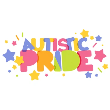 A vibrant banner featuring the words "Autistic Pride" in bold, colorful letters. The letters are surrounded by a variety of colorful stars in different sizes, creating a lively atmosphere. The background of the banner is filled with a gradient of bright colors, seamlessly blending from blue to yellow to pink. The overall design is eye-catching and cheerful, emphasizing the message of pride and celebration.