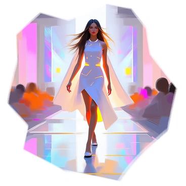 A model with long flowing hair walks confidently down a high-tech runway. She is wearing a futuristic dress that features glowing LED lights integrated into the fabric. The dress has a sleek, form-fitting design with unique geometric patterns that illuminate as she moves. The runway is surrounded by modern technology, including screens displaying vibrant patterns and colors. The lighting creates an atmosphere of innovation and style, enhancing the futuristic vibe of the scene.