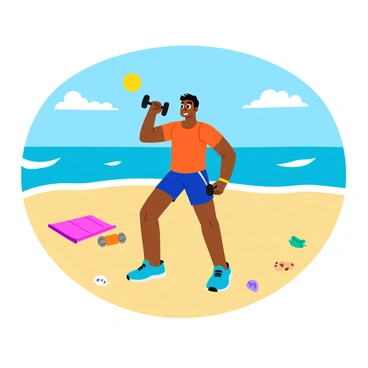 An individual with a fit physique is performing bicep curls on a sandy beach. The person is wearing bright, sporty workout attire, and holds a pair of dumbbells in each hand. Their arms are flexed as they lift the weights, showcasing determination. In the background, gentle ocean waves are rolling onto the shore, while the sun shines brightly in a clear blue sky. A few scattered seashells and beach towels are present on the sand around them.