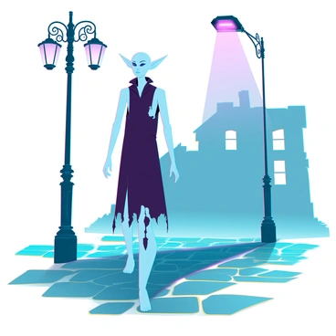A tall, thin figure resembling Nosferatu stands under a vintage streetlamp with a warm, glowing light. The figure has elongated limbs, pointed ears, and sharp features, dressed in a dark, tattered coat that flutters slightly in the breeze. The streetlamp casts a long, dark shadow on the cobblestone pavement, stretching out toward the viewer. Surrounding the scene, intricate wrought iron details of the lamp and a misty night sky add to the eerie atmosphere. The faint outlines of a dilapidated building can be seen in the background, enhancing the gothic ambiance of the setting.