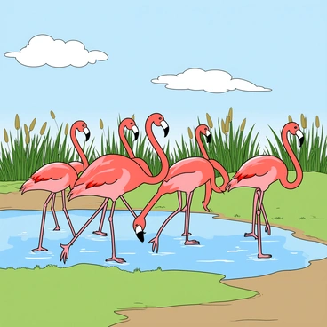 A flock of flamingos with vibrant pink feathers walking in a line through a wetland area. Each flamingo has long, thin legs and a distinct curved neck. They are positioned in various stances, some standing tall while others lower their heads toward the water. The wetland features patches of green grass and soft mud, glistening with water droplets. In the background, there are clusters of tall reeds swaying gently, while the sky above is a bright shade of blue with fluffy white clouds. The atmosphere conveys a sense of graceful movement as the flamingos march together.