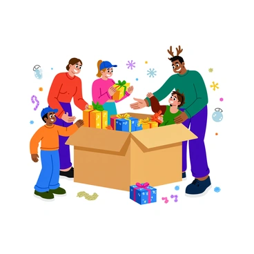 A family of four is gathered around a large cardboard box, carefully packing colorful holiday gifts inside. The parents, a father wearing a red sweater and a mother in a green shirt, both have bright smiles on their faces. They are joined by two children, a boy with a blue cap and a girl with festive reindeer antlers. The gifts are wrapped in shiny paper with various patterns, including snowflakes and candy canes. The scene is filled with a cheerful atmosphere, as the family shares laughter and joy while ensuring each present is neatly placed in the box. Surrounding them are decorations like shiny ornaments and strands of tinsel.